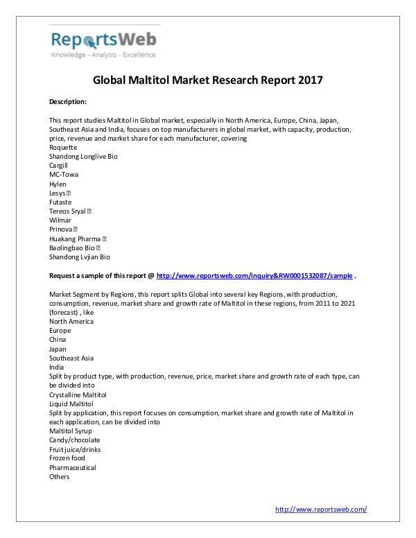 Market Analysis 2017 Analysis: Global Maltitol Industry