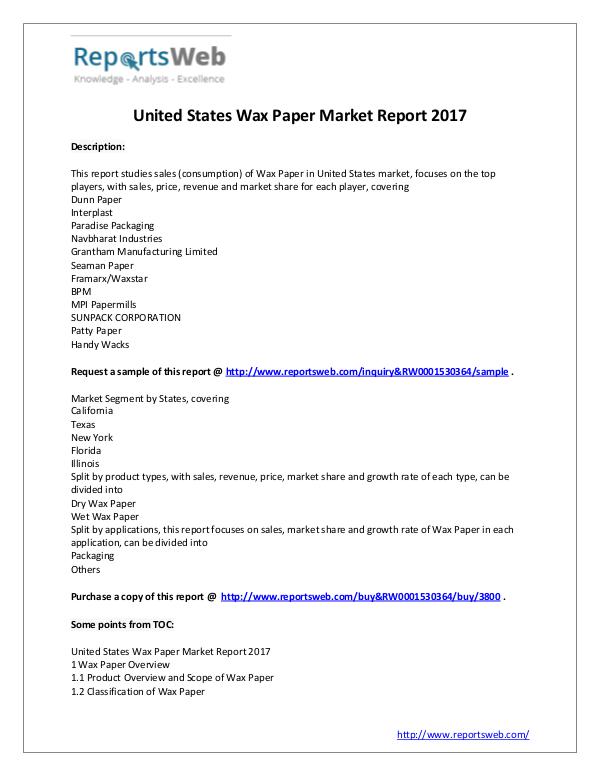2021 Forecast: United States Wax Paper Industry