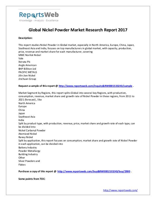 Market Analysis 2017 Analysis: Global Nickel Powder Industry