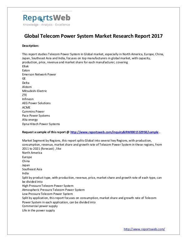 Market Analysis 2017 Study - Global Telecom Power System Market