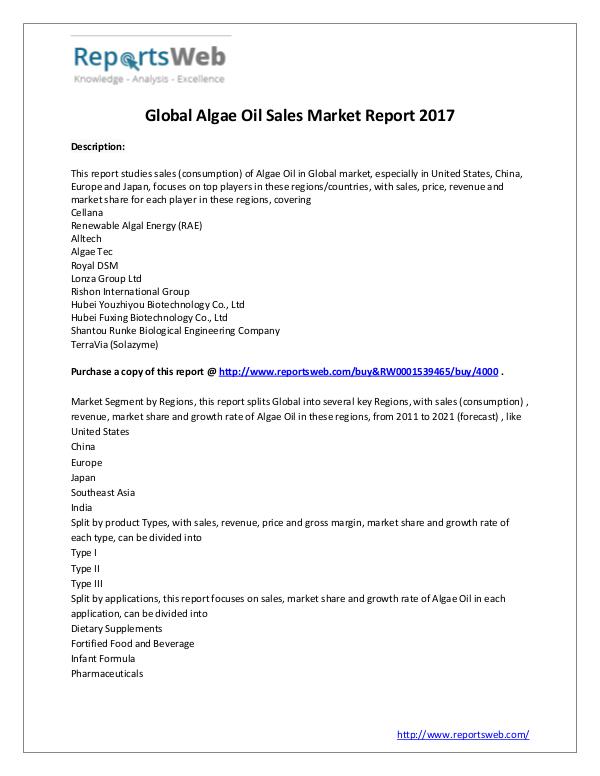 Market Analysis 2017 Analysis: Global Algae Oil Sales Industry
