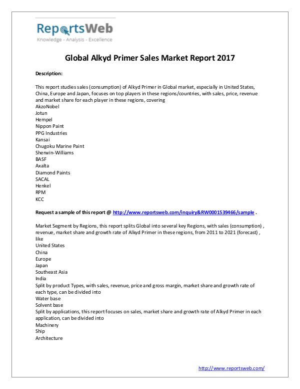 Market Analysis 2017-2021 Global Alkyd Primer Sales Market