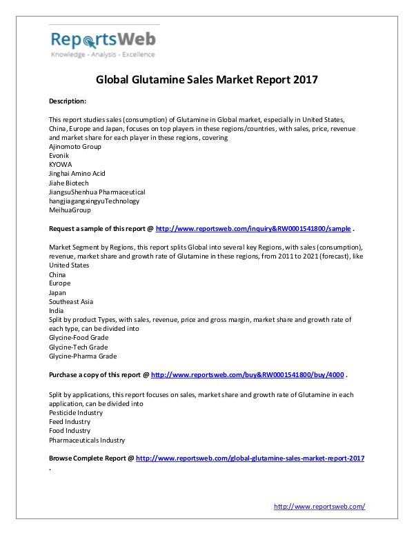 Market Analysis 2017 Analysis: Global Glutamine Sales Industry