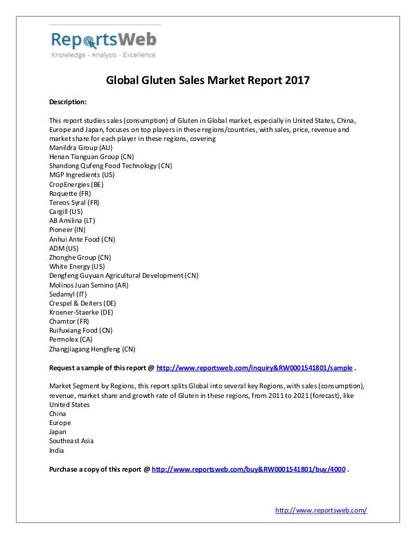 Market Analysis 2017 Analysis: Global Gluten Sales Industry