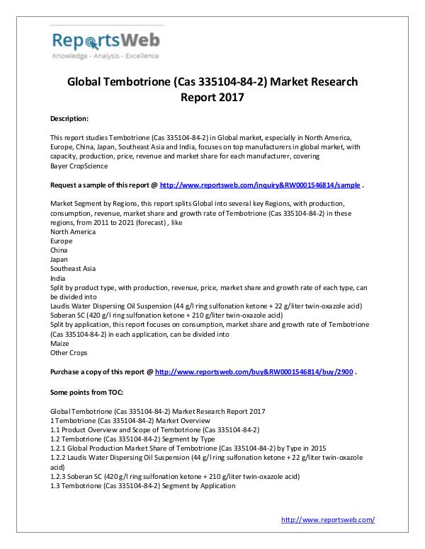 Global Tembotrione (Cas 335104-84-2) Industry 2017
