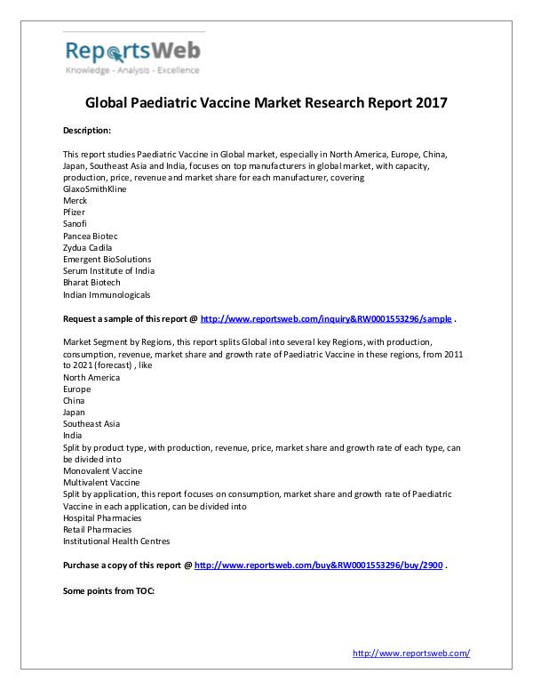 Market Analysis New Study: 2017 Global Paediatric Vaccine Market