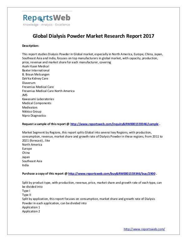 Market Analysis 2017 Analysis: Dialysis Powder Market Report