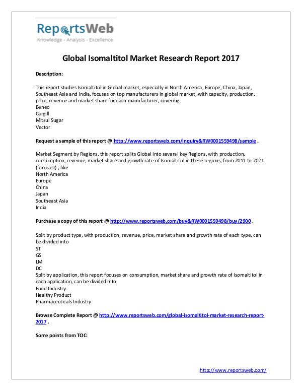 Market Analysis 2017 Isomaltitol Market Trends and Forecast 2022