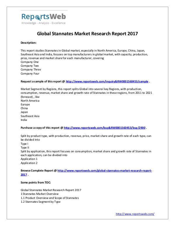 Market Analysis 2017 New Market Study: Global Stannates Industry