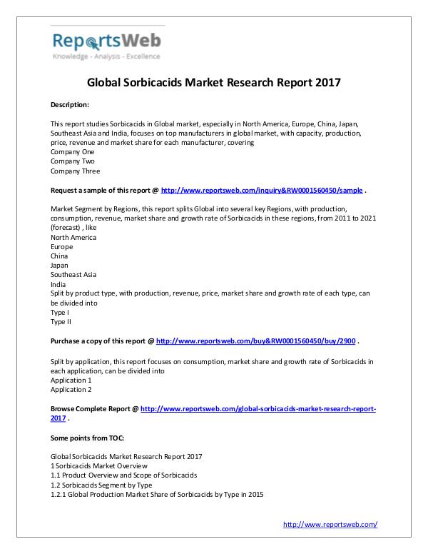 Market Analysis New Study: 2017 Global Sorbicacids Market