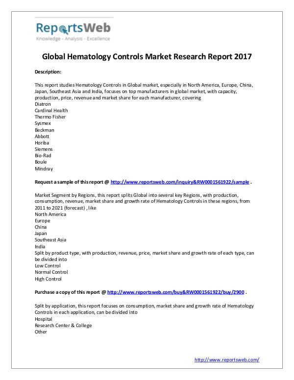 Market Analysis New Study: 2017 Global Hematology Controls Market