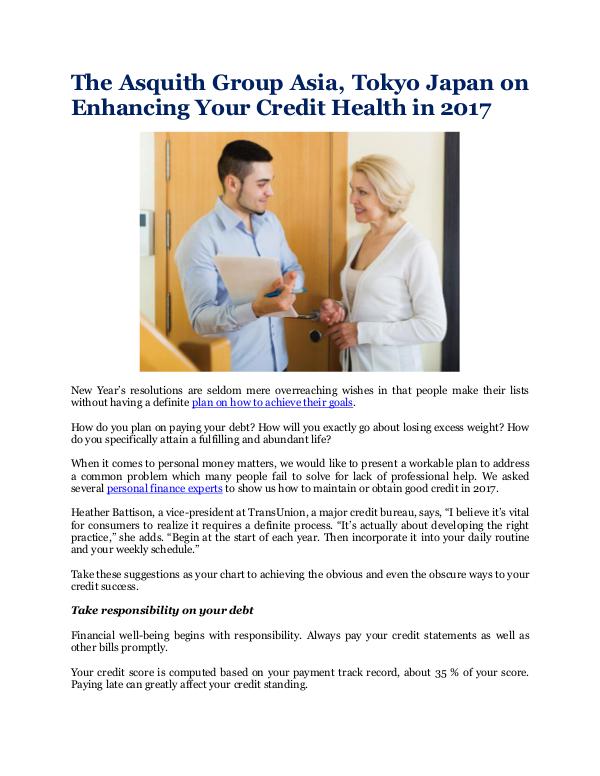 The Asquith Group Asia, Tokyo Japan Enhancing Your Credit Health in 2017