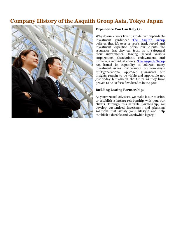 The Asquith Group Asia, Tokyo Japan Company History