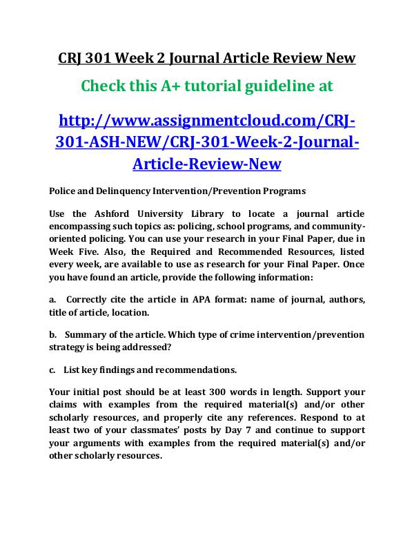 ASH CRJ 301 Entire Course New ash CRJ 301 Week 2 Journal Article Review New