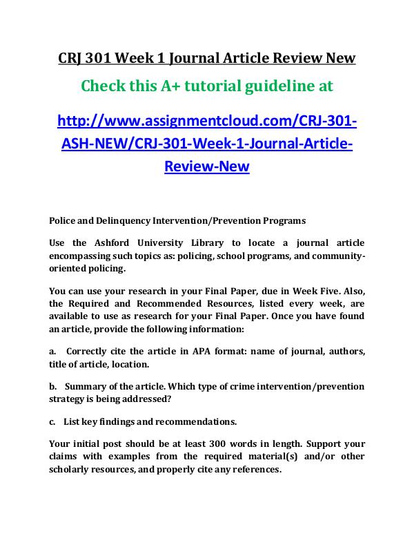 ASH CRJ 301 Entire Course New ash CRJ 301 Week 1 Journal Article Review New