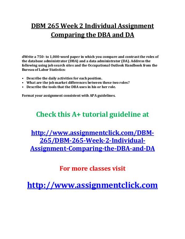 UOP DBM 265 Entire Course UOP DBM 265 Week 2 Individual Assignment Comparing