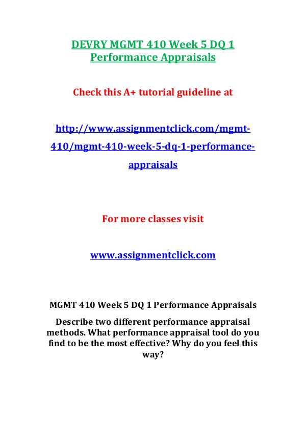 Devry MGMT 410  Entire Course DEVRY MGMT 410 Week 5 DQ 1 Performance Appraisals