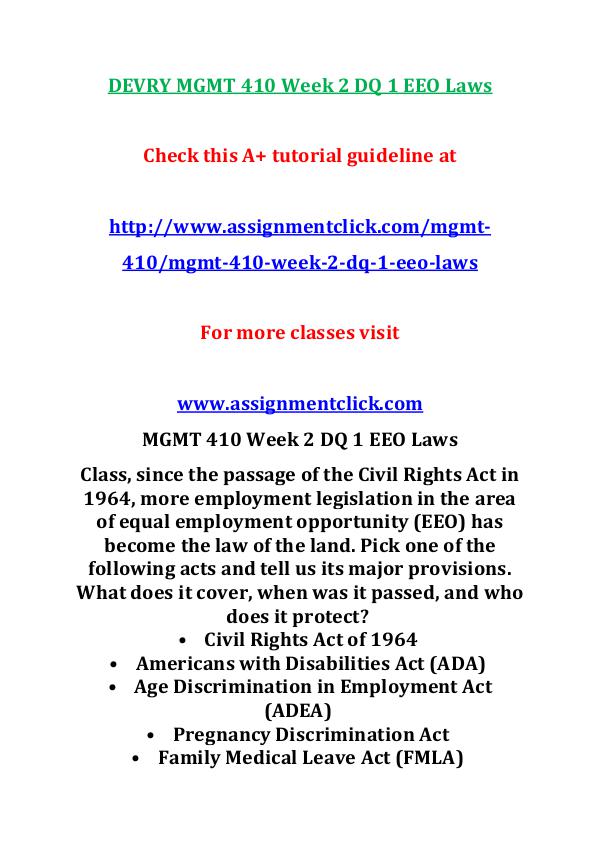 Devry MGMT 410  Entire Course DEVRY MGMT 410 Week 2 DQ 1 EEO Laws