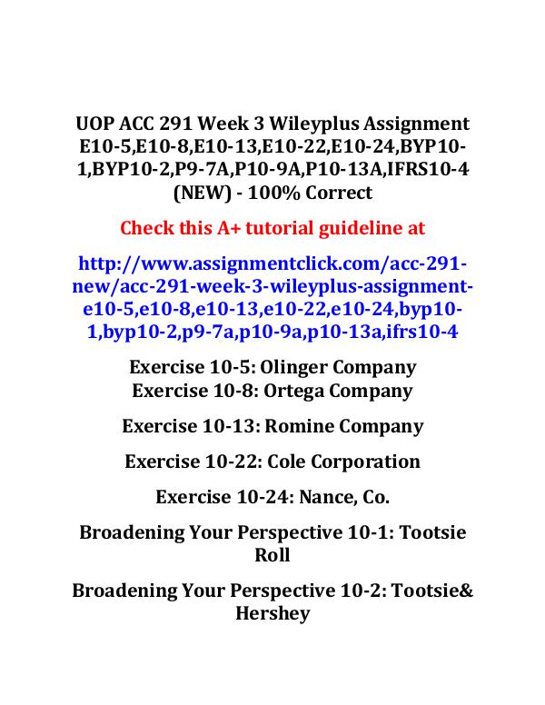 UOP  ACC 291 Entire Course UOP ACC 291 Week 3 Wileyplus Assignment E10-5,E10-
