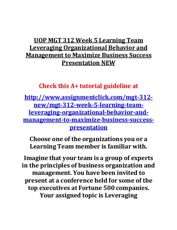 UOP MGT 312 Entire Course NEW UOP MGT 312 Week 5 Learning Team Leveraging Levera