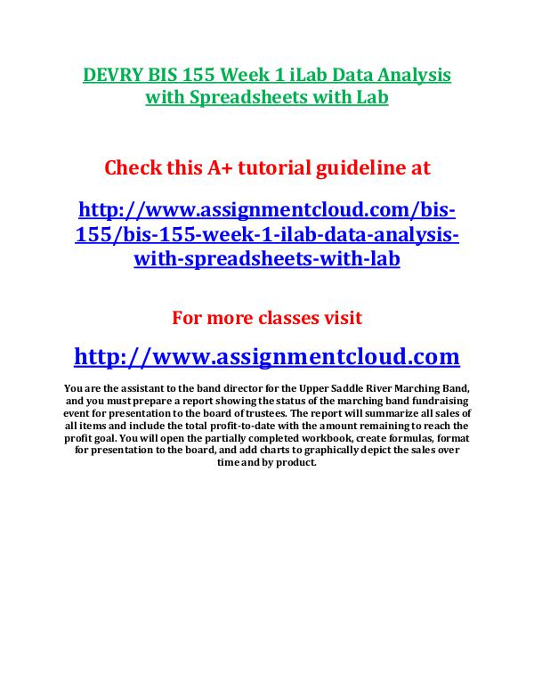 Devry BIS 155 entire course DEVRY BIS 155 Week 1 iLab Data Analysis with Sprea