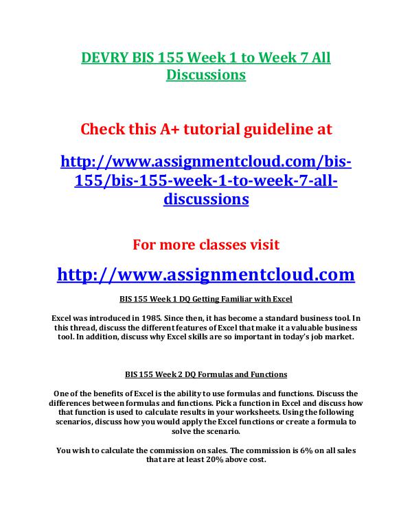 Devry BIS 155 entire course DEVRY BIS 155 Week 1 to Week 7 All Discussions