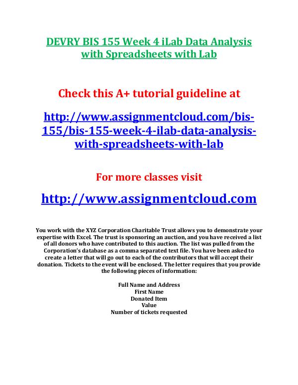 Devry BIS 155 entire course DEVRY BIS 155 Week 4 iLab Data Analysis with Sprea