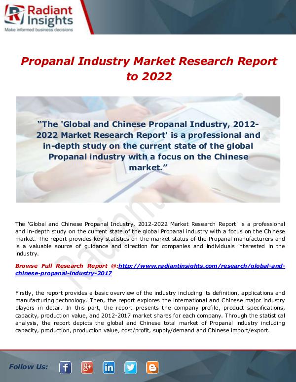 Research Analysis Reports Propanal Industry Market Research Report to 2022: