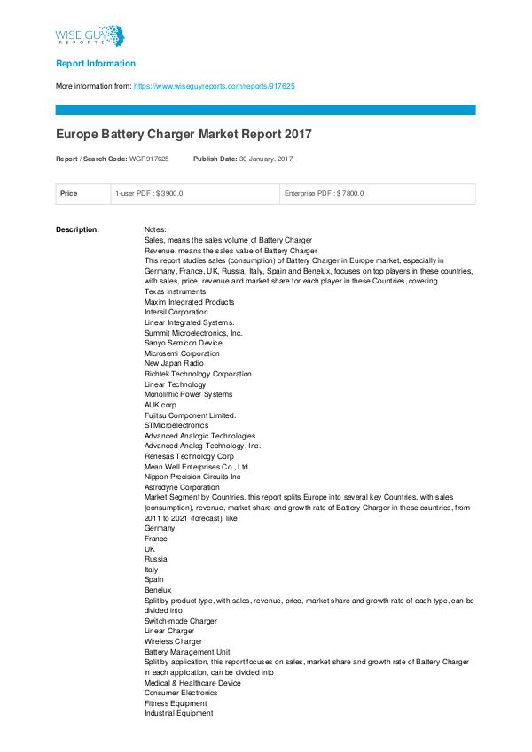 Europe Battery Charger Market Report 2017 Europe Battery Charger Market Report 2017
