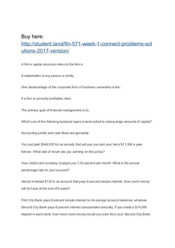 FIN 571 Week 1 Connect Problems Solutions (2017 version) Homework