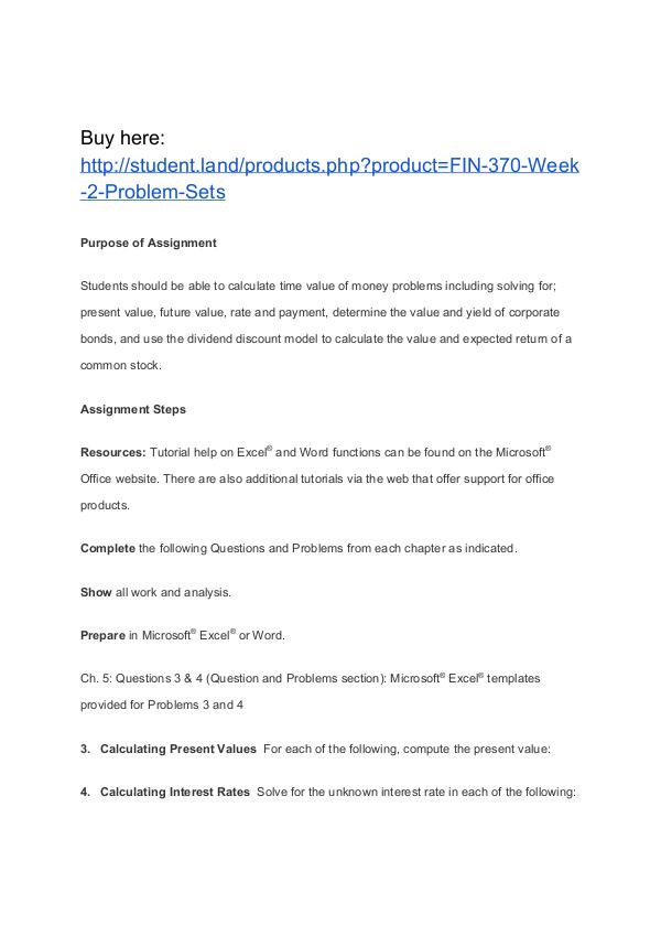FIN 370 Week 2 Problem Sets Homework
