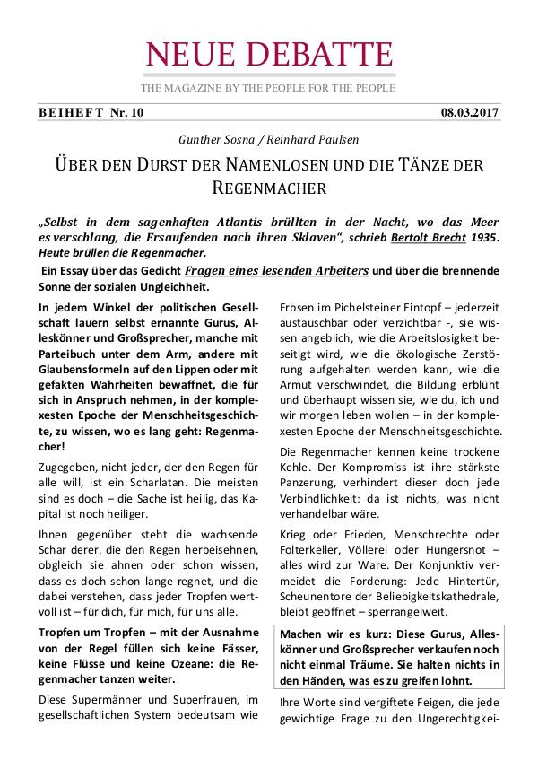 Neue Debatte - Beiheft #010 - 04/2017 Der Durst der Namenlosen und Bertolt Brecht