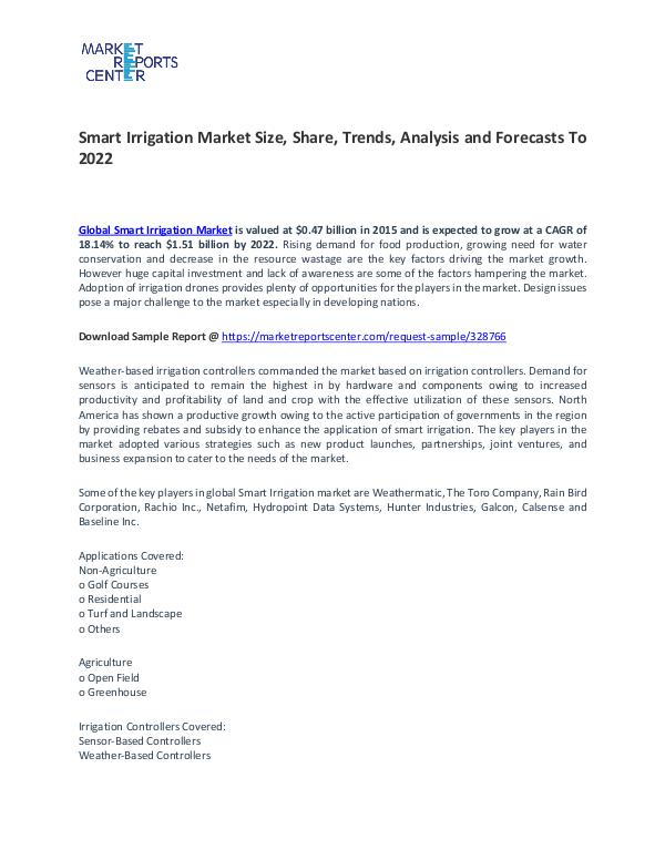 Smart Irrigation Market Trends, Price, Demand and Analysis To 2021 Smart Irrigation Market