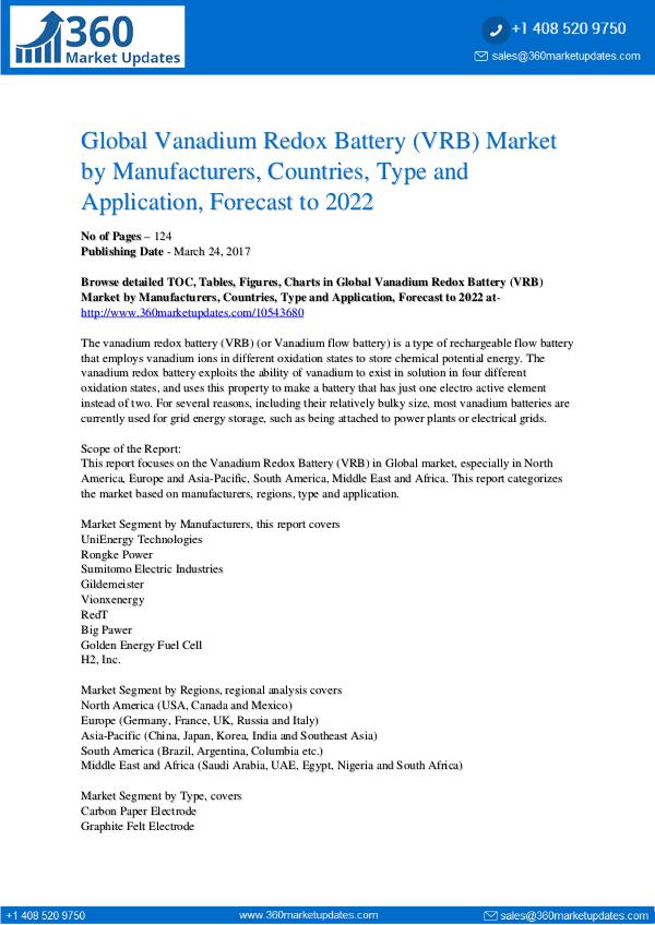 Reports- Vanadium Redox Battery (VRB) Market Outlook 2022