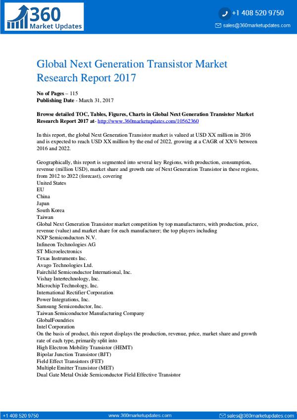 Next Generation Transistor Market Analysis by Current Industry Status Next Generation Transistor Market Analysis