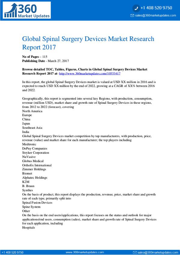 Spinal Surgery Devices Market Sales Outlook; Up-to-date Development Spinal Surgery Devices Market