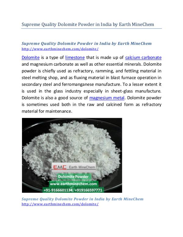Supreme Quality Dolomite Powder in India by Earth MineChem Supreme Quality Dolomite Powder in India by Earth