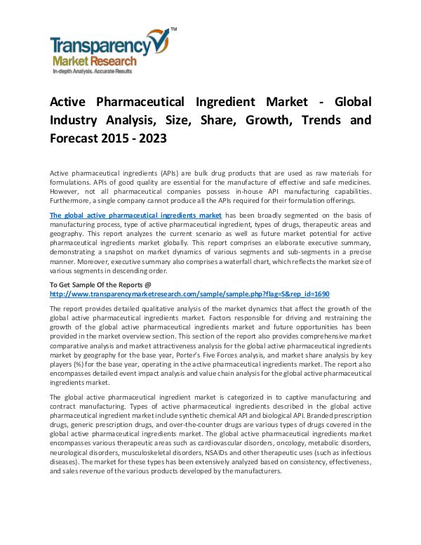 Active Pharmaceutical Ingredient Market 2017 Active Pharmaceutical Ingredient Market