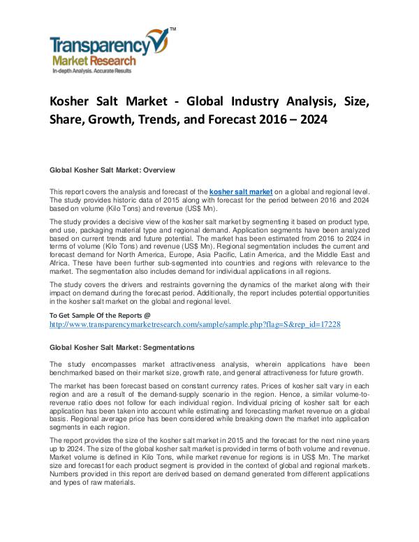 Kosher Salt Market Trends, Growth, Price, Demand and Analysis To 2024 Kosher Salt Market