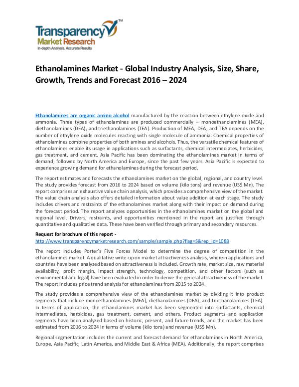 Ethanolamines Market Growth, Trends, Demand and Forecasts To 2023 Ethanolamines Market