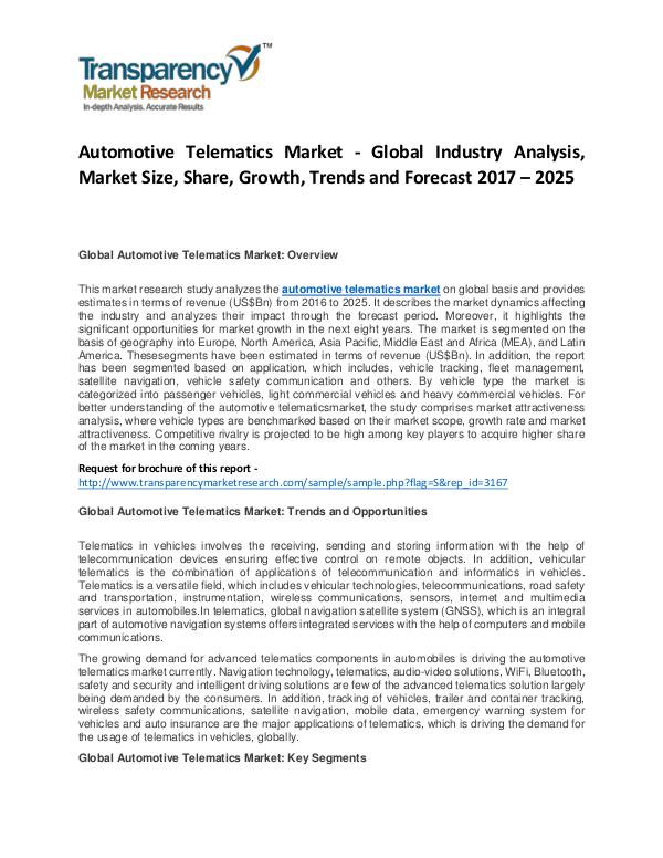 Automotive Telematics Market Forecasts To 2025 Automotive Telematics Market - Global Industry Ana