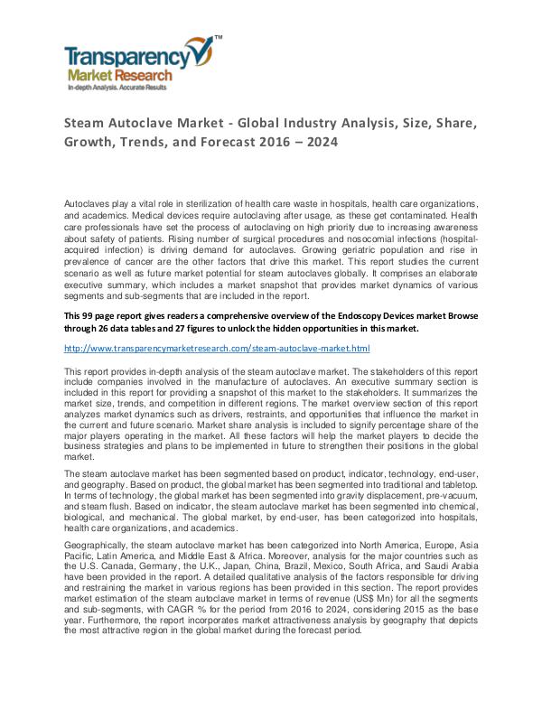 2016-2024 Global Steam Autoclave Market Share, Trend and Opportunity Steam Autoclave Market - Global Industry Analysis,