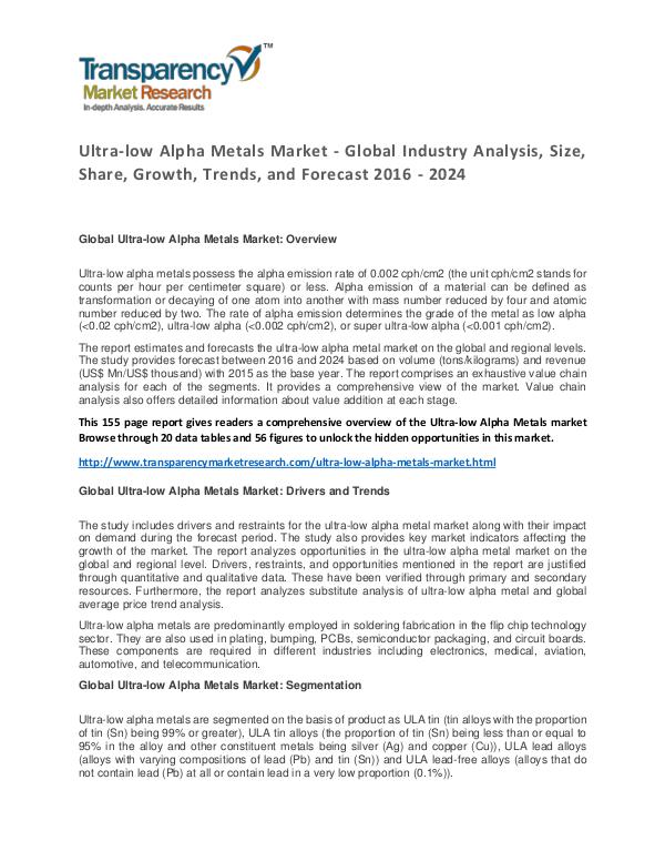 Ultra-low Alpha Metals Market Trends, Growth, Price and Forecasts Ultra-low Alpha Metals Market - Global Industry An