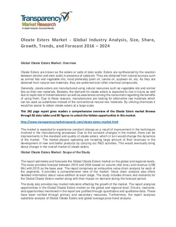 Oleate Esters Market Trends, Growth, Price and Forecasts To 2024 Oleate Esters Market - Global Industry Analysis, S