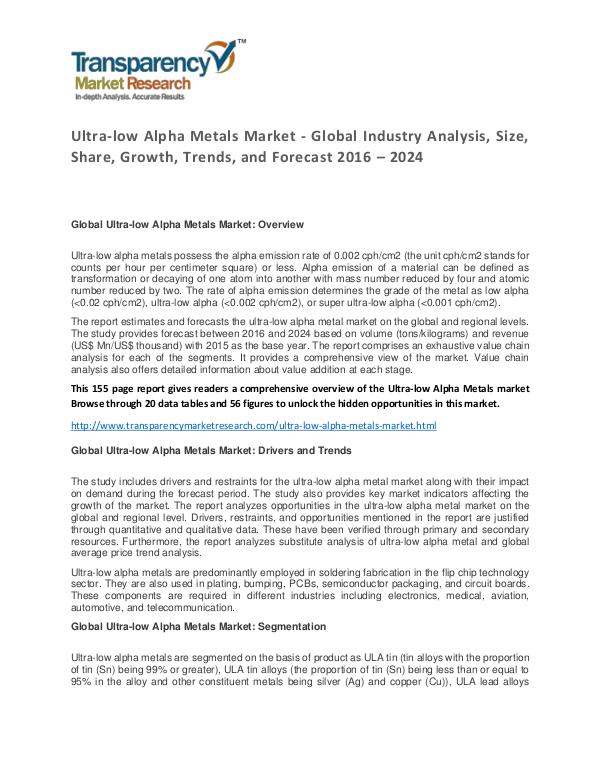 Ultra-low Alpha Metals Global Market Analysis 2016 and Forecast Ultra-low Alpha Metals Market - Global Industry An