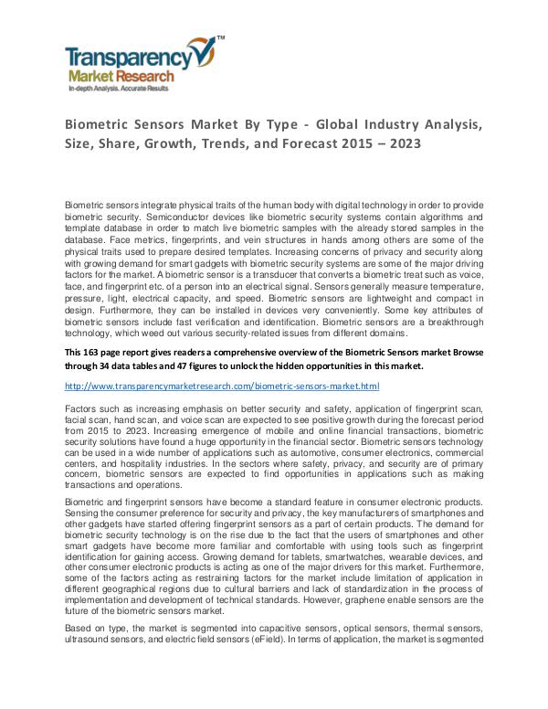Biometric Sensors Global Market Analysis 2015 and Forecasts to 2023 Biometric Sensors Market By Type - Global Industry