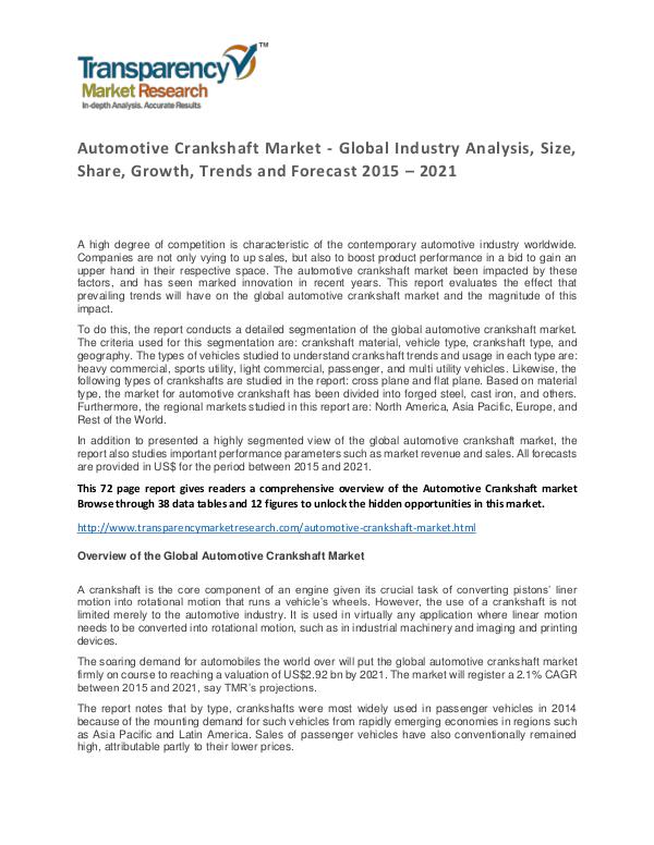 Automotive Crankshaft Global Market Analysis 2015 and Forecast Automotive Crankshaft Market - Global Industry Ana