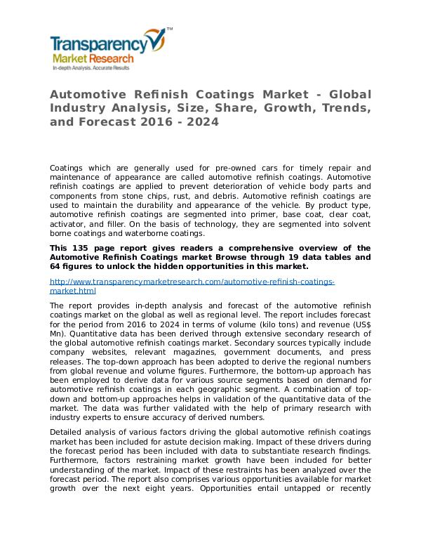Automotive Refinish Coatings Market size, share and strategy Report Automotive Refinish Coatings Market - Global Indus