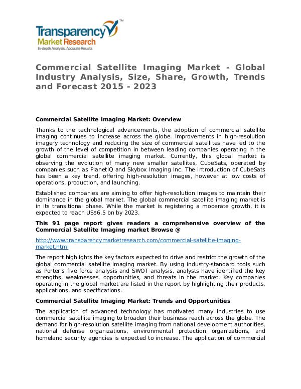 Commercial Satellite Imaging Market Growth, Trend, Price and Forecast Commercial Satellite Imaging Market - Global Indus