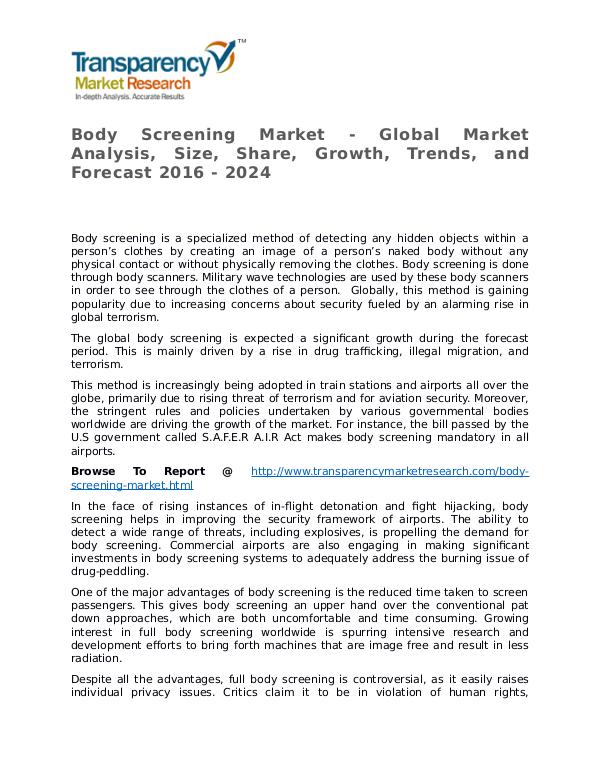 Body Screening Market Growth, Trend, Price and Forecast to 2024 Body Screening Market - Global Market Analysis, Si